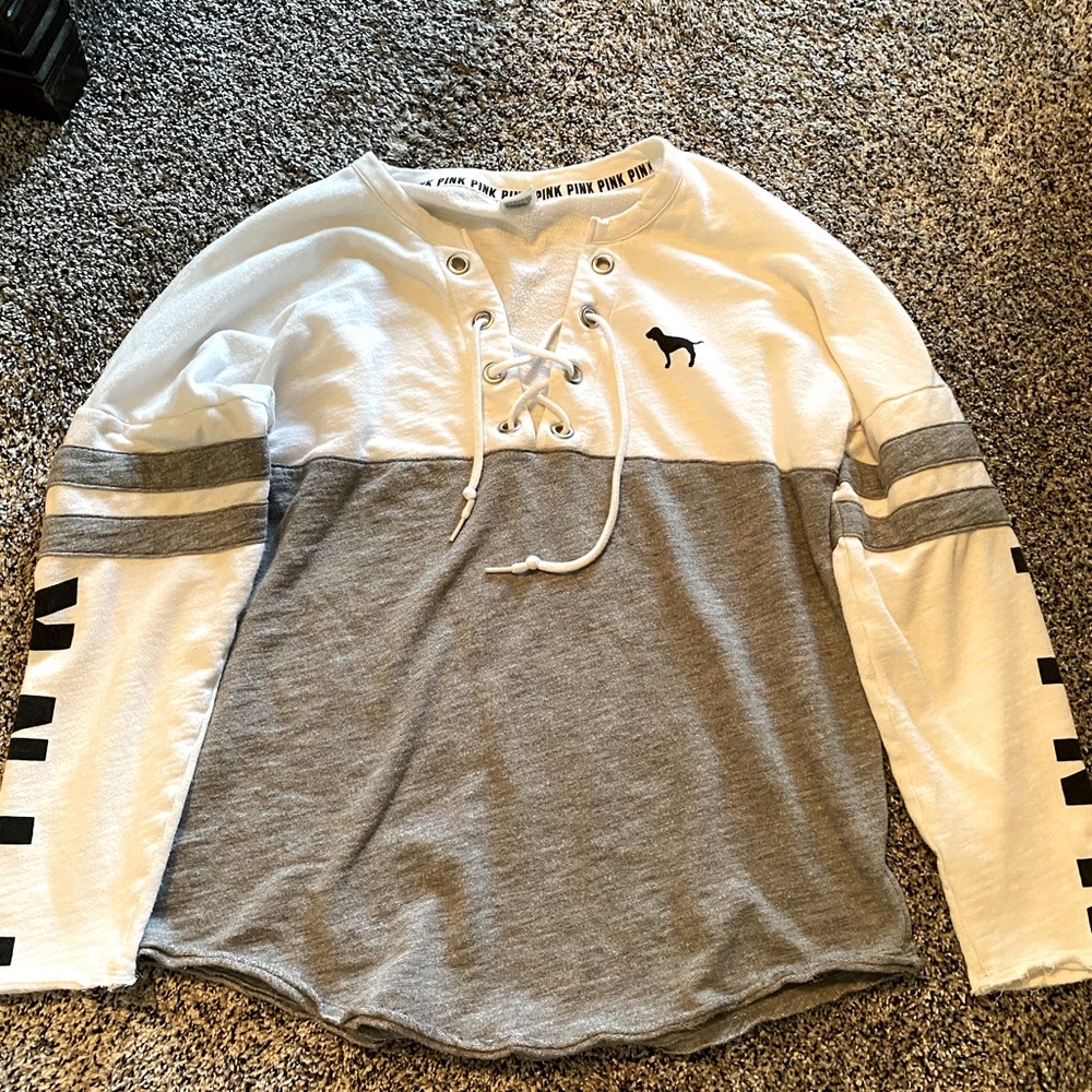 PINK Victoria's Secret White and Gray Lace-Up Pullover Sweatshirt